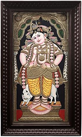 הודו אקזוטית עומדת על נבניטה קרישנה טנג'ור ציור | צבעים מסורתיים עם זהב 24 קראט | מסגרת עץ טיק | ה